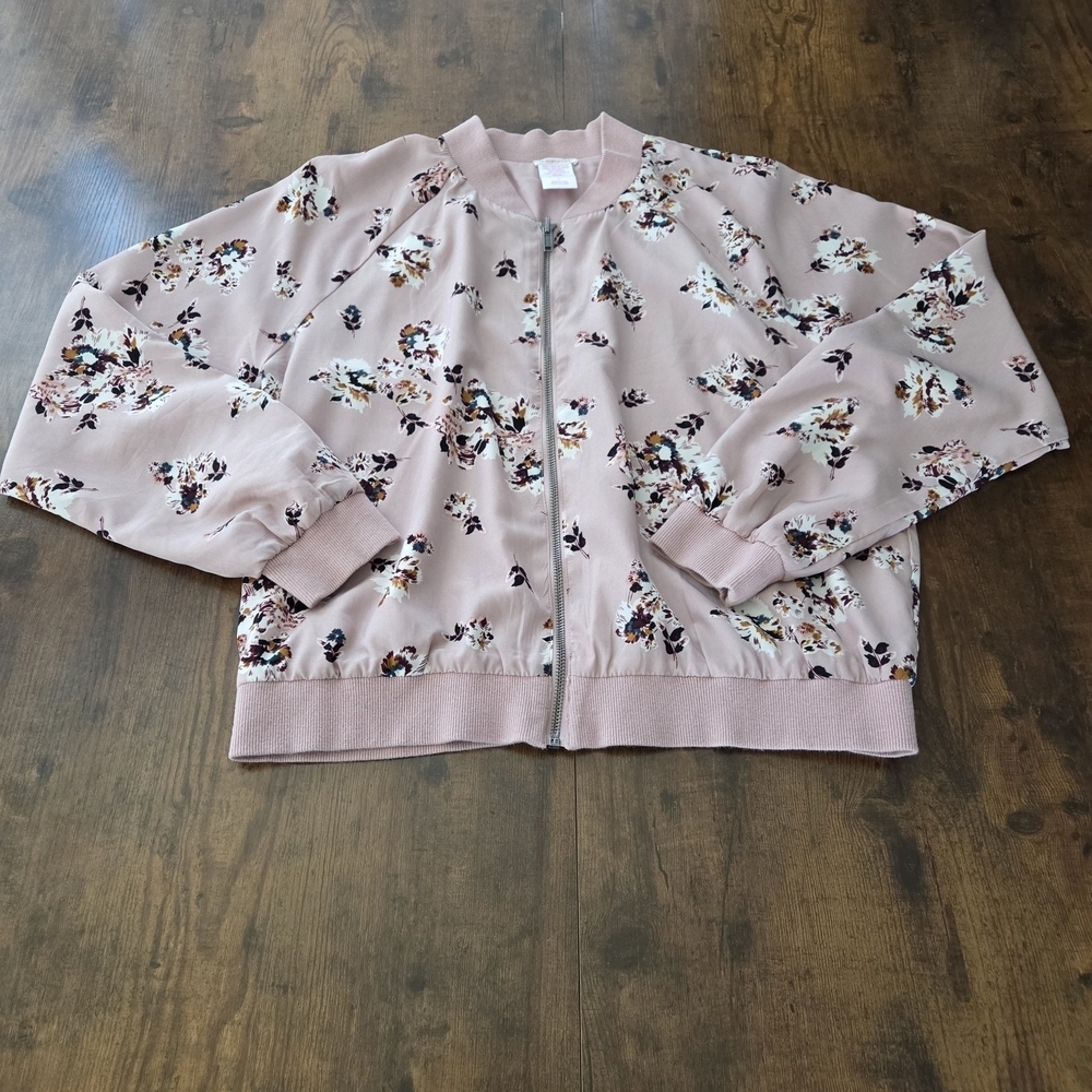 Xhilaration Women's Pink Floral Bomber Jacket Womens Full Zip Size Large